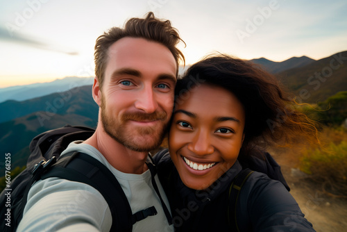 multiracial couple poses for a selfie photo. asian and american background, mountain