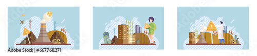 Waste pollution. Vector illustration. Climate change and waste pollution are interconnected issues require comprehensive solutions The improper handling waste exacerbates environmental problems