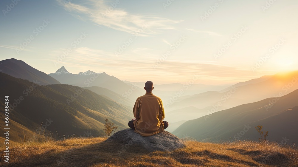 meditation at Mountain landscape at sunset, Generative AI