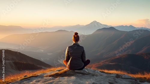 meditation at Mountain landscape at sunset, Generative AI