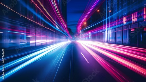 beautiful movement of taillights of cars speeding down the city streets at night, dynamic night scene of the city. generative AI
