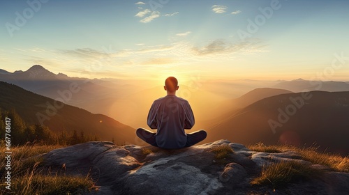 meditation at Mountain landscape at sunset, Generative AI
