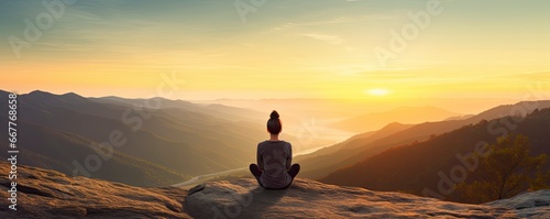 meditation at Mountain landscape at sunset, Generative AI © kanesuan
