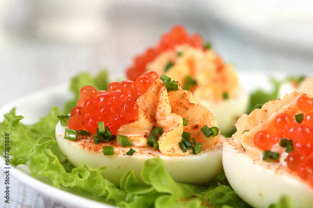 Stuffed eggs with salmon caviar are a popular appetizer for any occasion. Elegantly decorated and expertly seasoned, they will always be a beautiful appetizer at a party. Stuffed eggs with salmon caviar are a popular appetizer for any occasion. Elegantly decorated and expertly seasoned, they will always be a beautiful appetizer at a party.