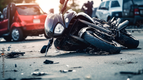 The motorcycle lies on the sidewalk after a road trip. Severe accident. Accident, close-up. AI Generated photo