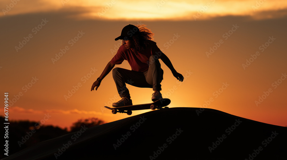 person riding a skateboard on top of a skate park ramp at sunset 