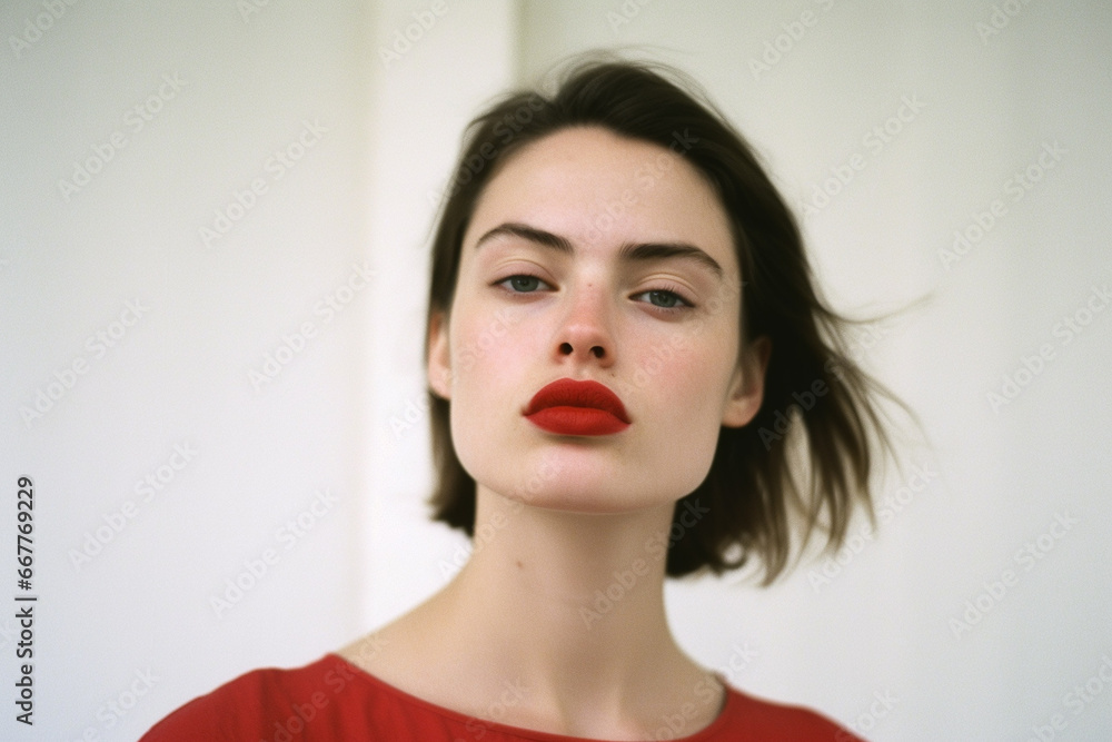 Portrait of beautiful woman with red lipstick on gray background, 90s style image Portrait of beautiful woman with red lipstick on gray background, 90s style image