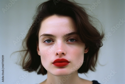 Portrait of beautiful woman with red lipstick on gray background, 90s style image
