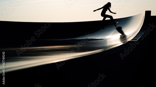 street photography of a woman riding a skateboard on a ramp in a skate park, light and shadow, original display with silhouette  photo