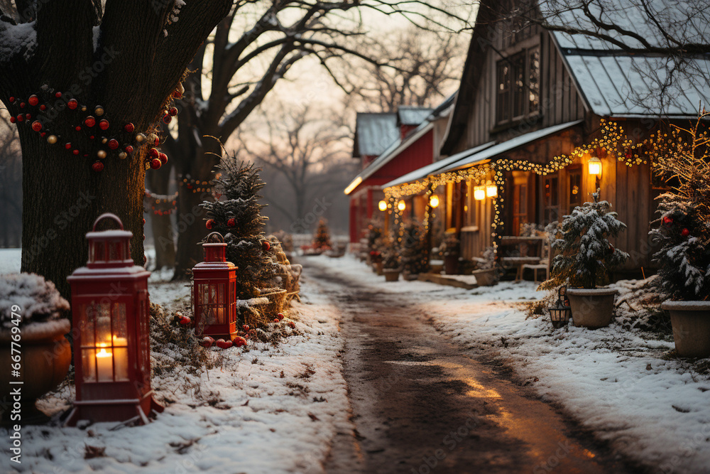 Old wooden village house in snow at Christmas