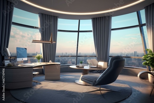 Modern office with grey interior  furnished with a desk  armchair  decor  and a large window offering a panoramic view. Generative AI