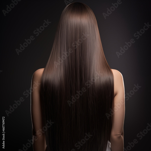 Beautiful long silky brunette straight hair woman on dark background