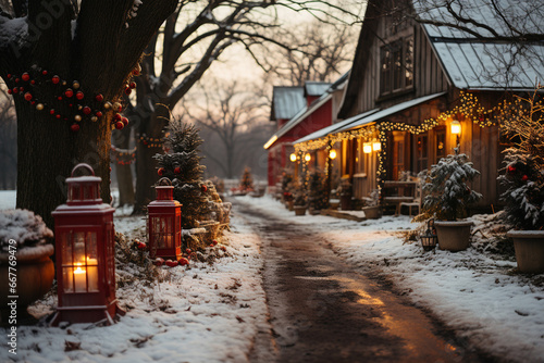 Old wooden village house in snow at Christmas