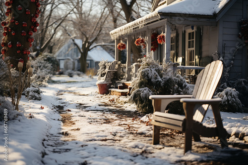 Old wooden village house in snow at Christmas