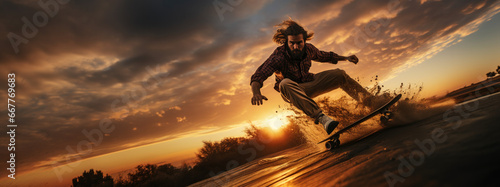 man on a skateboard in a action wallpaper at sunset, epic and dynamic skateboard trick in display banner photo