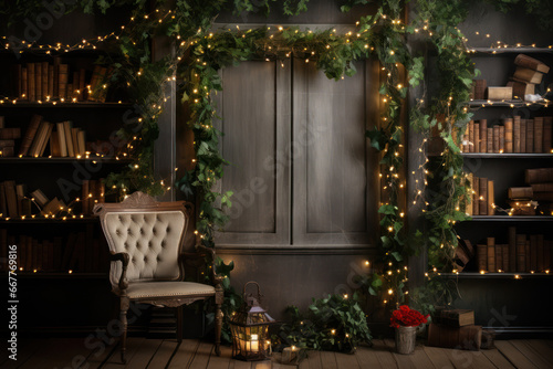 An enchanting background with fairy lights, holly, and mistletoe, providing a cozy space for Christmas holiday text or product highlights. Generative AI © ABC Vector