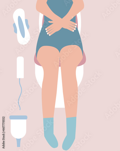 Woman having period pain and menstrual. Sad woman Feel Pain and Cramps during Menstruation Period, Premenstrual Syndrome, Ovaries. Cartoon People Vector Illustration.
