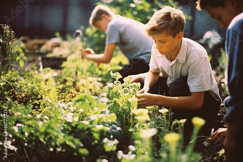 teenagers planting vegetables in the garden