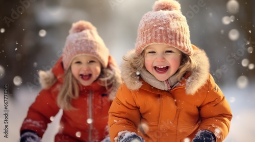 Two little blonde girls or kids with happy faces, enjoying winter outdoors with their friends in warm clothing, winter coats, gloves, and hats