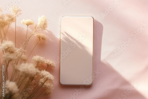 Top view of Blank smartphone screen mock up, neutral light pastel pink background with sunlight shadow. Aesthetic feminine business brand identity template. Generative AI photo
