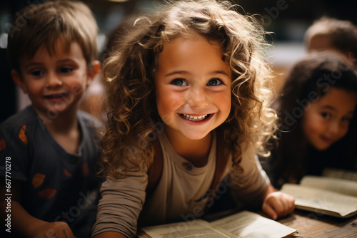 Group of children reading book in kindergarten