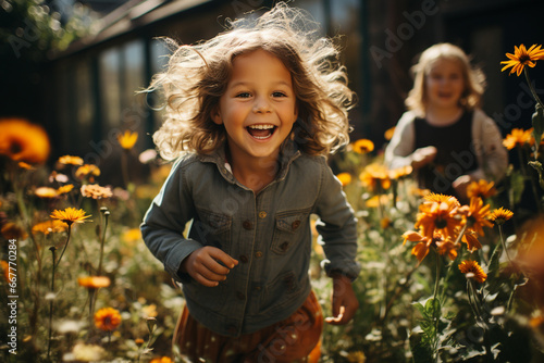 Happy children with yellow flowers around photo