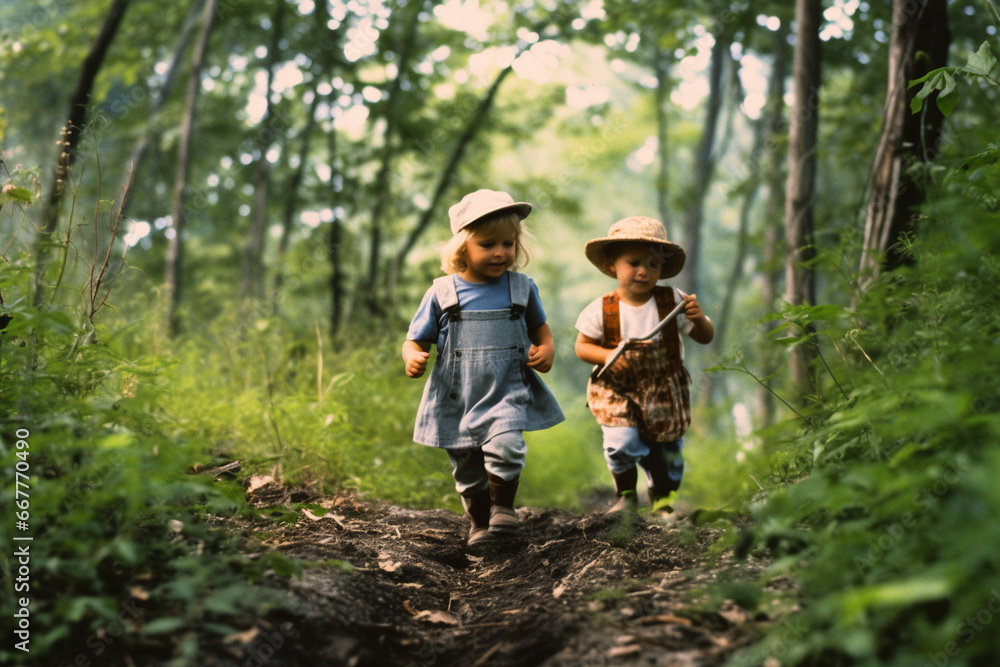 Happy group of children walking on path in forest
