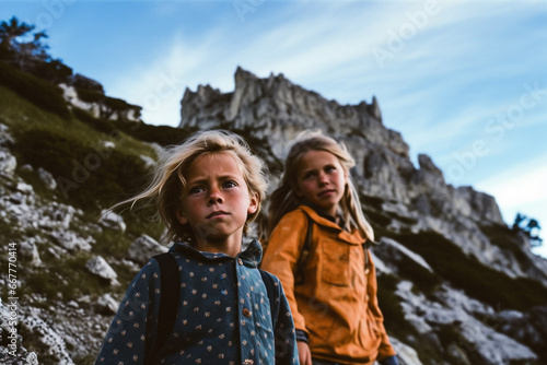 Two little kids in mountains in summer time
