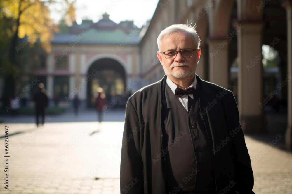 University professor in front of the college building.