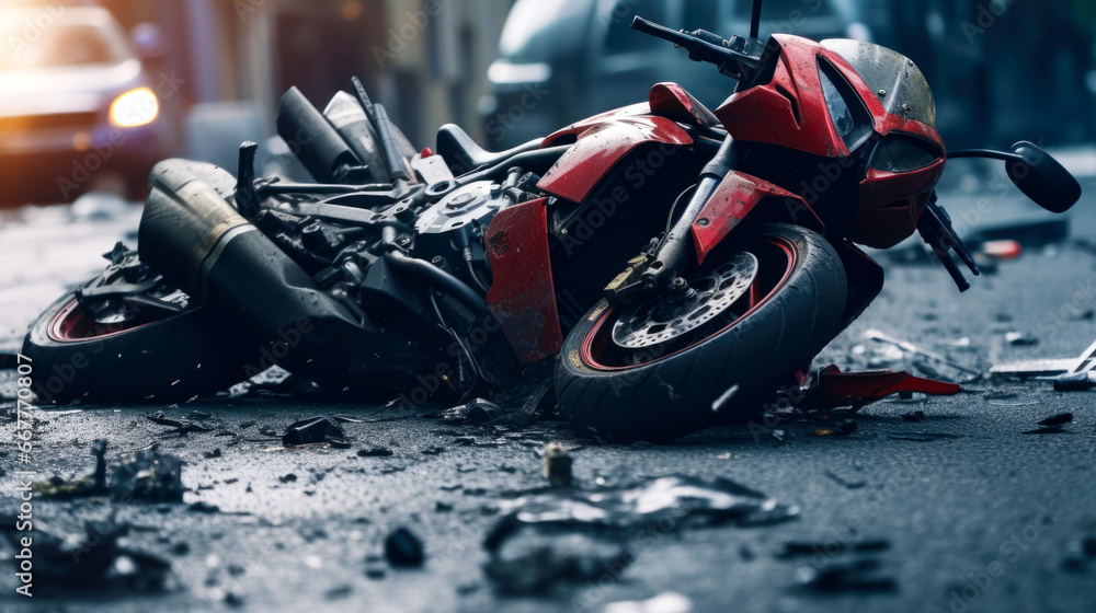 The motorcycle lies on the sidewalk after a road trip. Severe accident. Accident, close-up. AI Generated - obrazy, fototapety, plakaty 