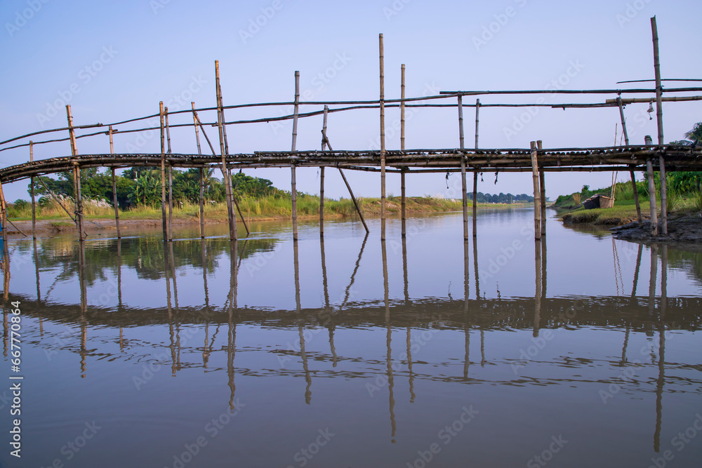 Local architecture Traditional Bamboos Bridge Padma Riverside in Bangladesh
