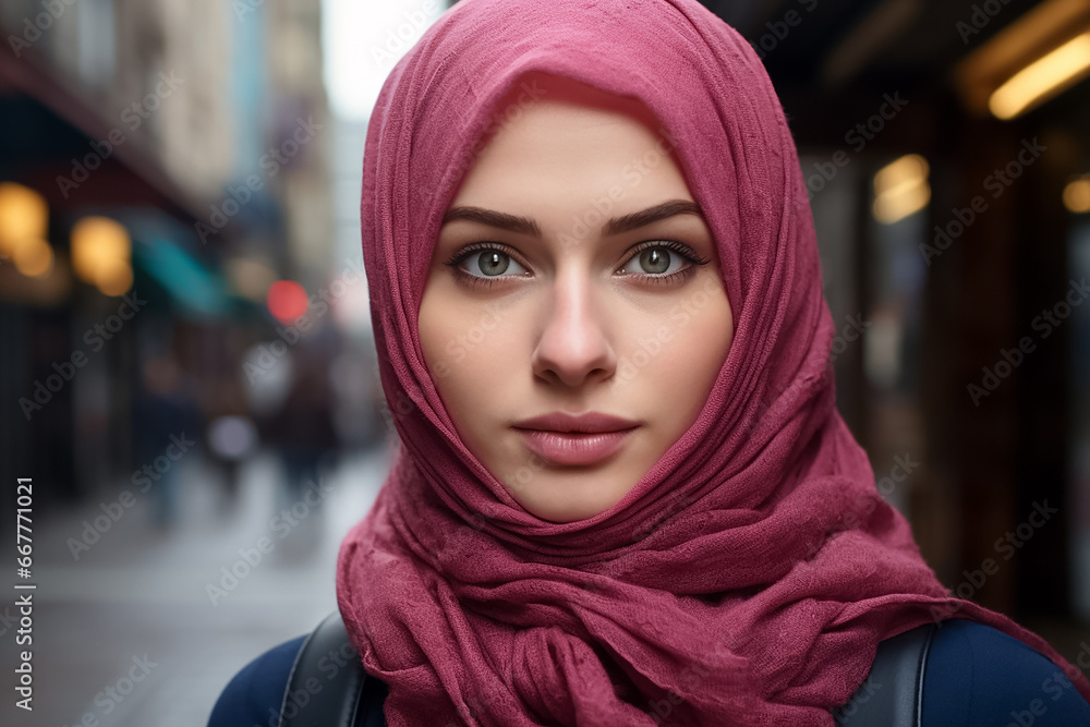 A young beautiful Islamic teenage girl, wearing a pink, purple hijab stands at the public space in a night big city with a smile on her face portrait, Generative AI. A young beautiful Islamic teenage girl, wearing a pink, purple hijab stands at the public space in a night big city with a smile on her face portrait, Generative AI.