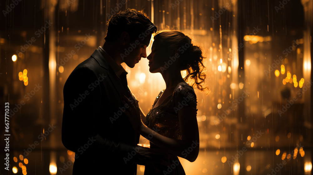 Photo of a Dance in the Rain of light: A Romantic and Intimate Moment of a young married couple, a large window with luxurious golden light in background 