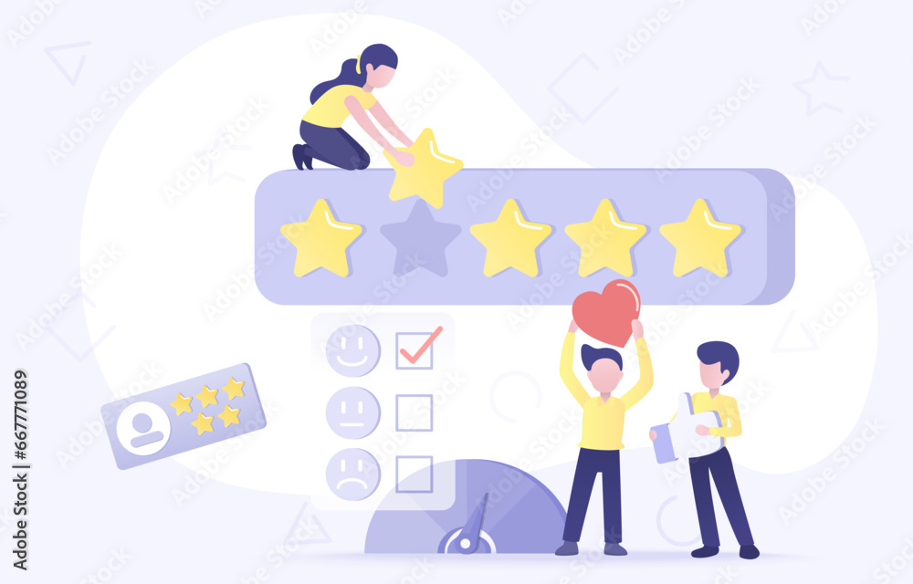 Customer satisfaction survey concept. Customer review and gives 5 star rating satisfaction with the product or service. Evaluate customer feedback and suggestions for improvement. Vector illustration.
