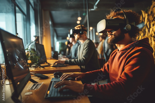 group of people working in an office wearing virtual reality goggles