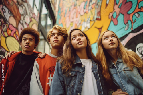 Group of ameerican teens next to wall with graffiti in the city