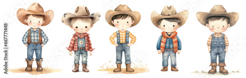 Foto Group of young kids cowboy style, watercolor illustration
