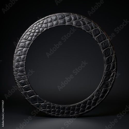 Crocodile Skin Minimalistic Round Picture Frame. Minimalistic Ring with Realistic Texture. Square Digital Illustration. Ai Generated Empty Circle on Black Background.