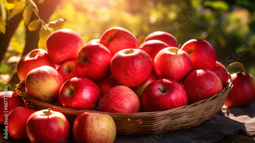 Full basket of red organic apples, backlit by soft sun. Harvest and fresh produce concept. 