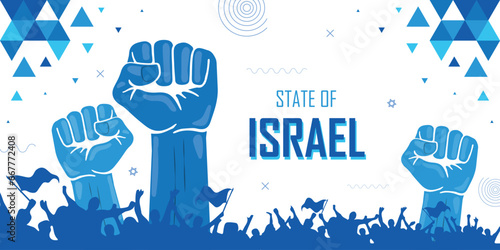 People cheer for Israel, patriot nation, blue color combination banner, geometric abstract background, raised fist, human hand, national celebration, strike, parade, riot, protest or rally