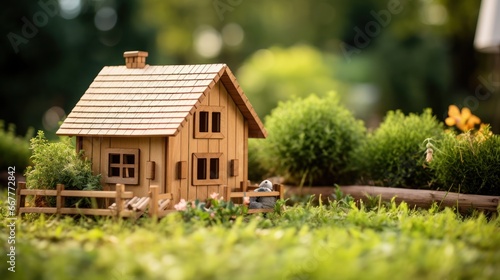 Miniature wooden house set in a natural garden scene.