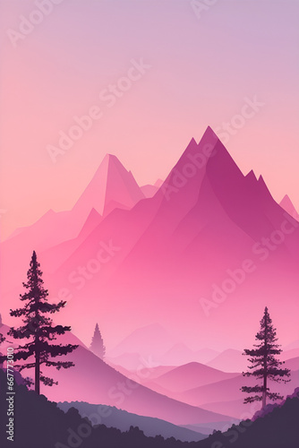 Misty mountains at sunset in pink tone, vertical composition © Thanh