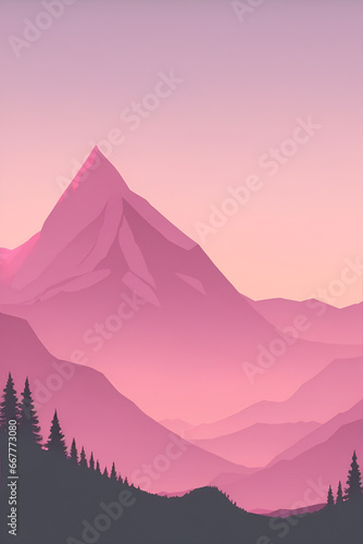Misty mountains at sunset in pink tone  vertical composition
