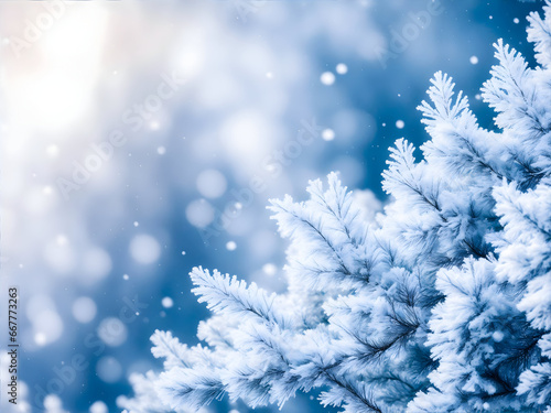 Beautiful winter background image of frosted spruce branches and small drifts of pure snow with bokeh Christmas lights and space for text. generative ai © yusuf_rahman