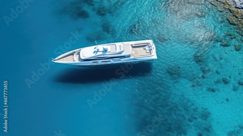 An aerial view of a luxury yacht amidst the deep blue ocean waters. © sopiangraphics