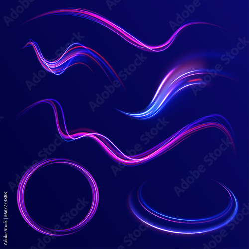 Illustration of light ray, stripe line with blue light, speed motion background. Neon color glowing lines background, high-speed light trails effect. 