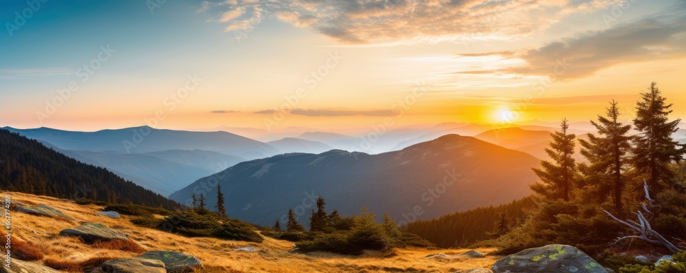 Mountain landscape at sunset, Generative AI