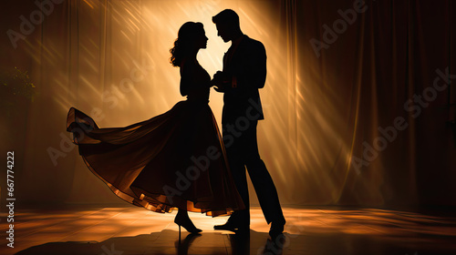 Dance of Love dance show wallpaper, Silhouette of a Man and Woman Celebrating a Secular Wedding, large and beautiful wedding dress moving in the air