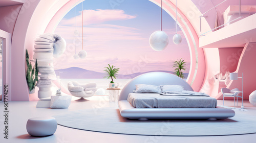 Futuristisches Schlafzimmer, modernes Interior, Zukunftsvision. Generiert mit KI