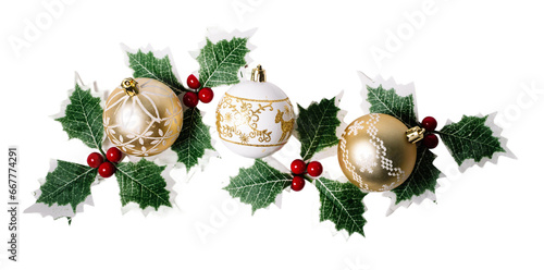 Christmas Holly Leaves and balls ornament, isolated on white or transparent background.